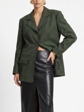 VTG 90s green tweed black faux leather trim utility hourglass blazer jacket 9